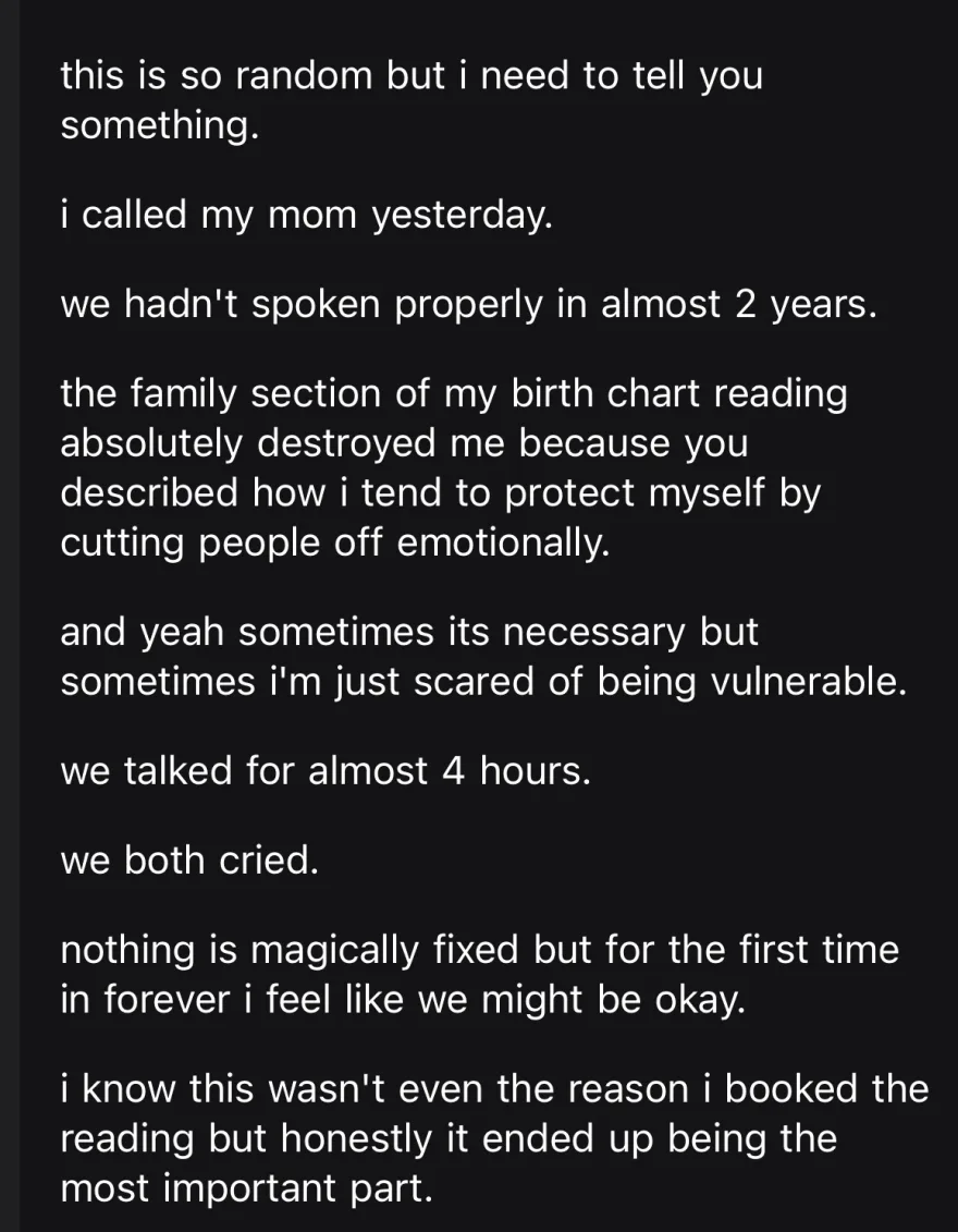 she called her mother after almost two years, after the family section of her reading described how she cuts people off to protect herself