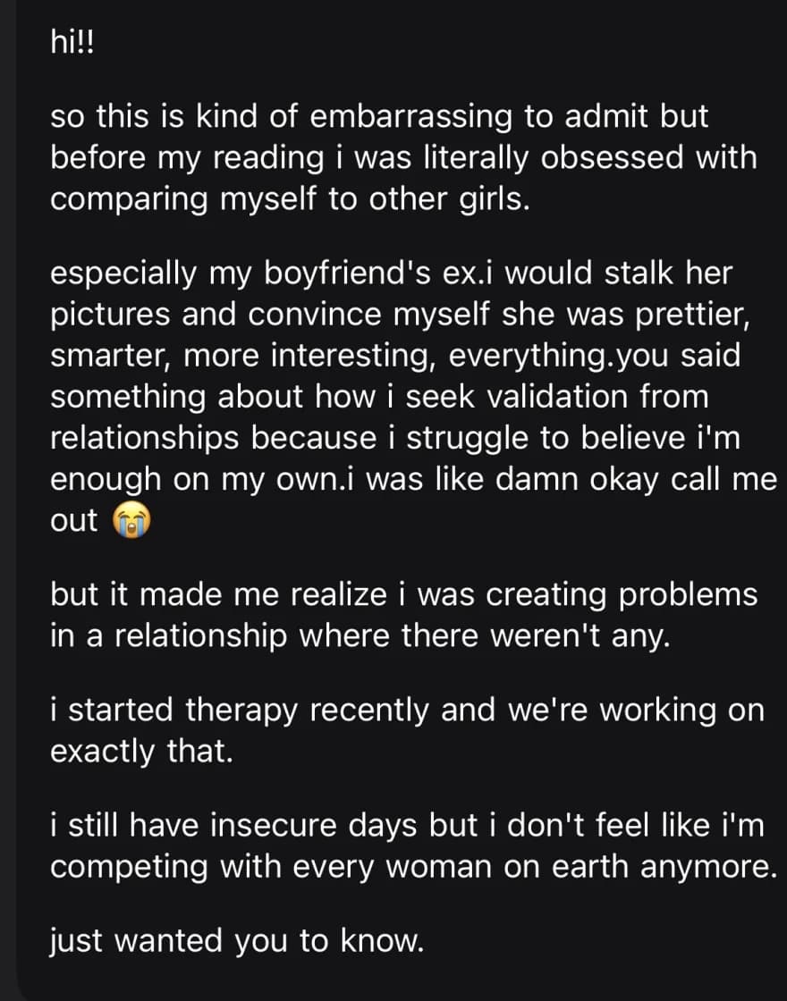 she stopped comparing herself to her boyfriend's ex after a line about seeking validation because she struggled to believe she was enough