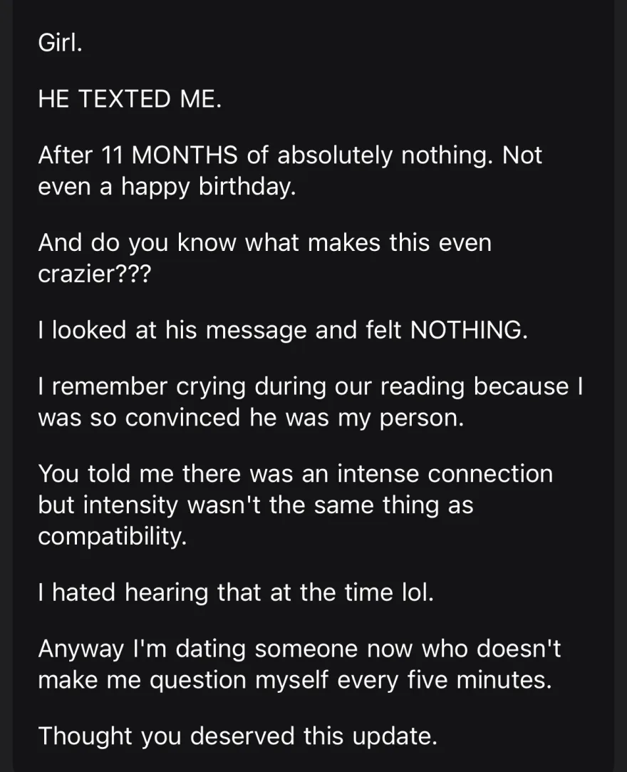 he texted after eleven months of silence and she felt nothing, remembering that intensity was not the same thing as compatibility