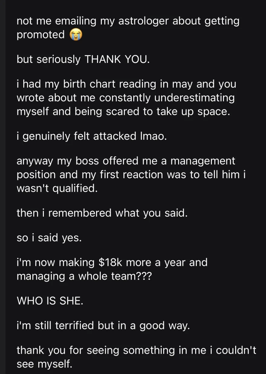 she said yes to a management position she first called herself unqualified for, after a line in her birth chart reading about taking up space