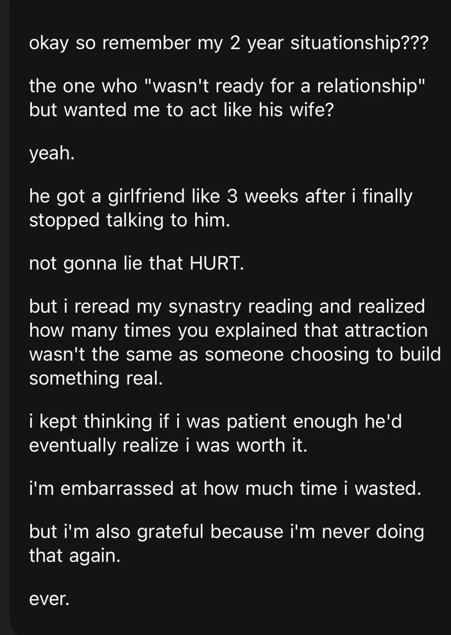 after a two year situationship she reread her synastry reading on attraction versus someone choosing to build something real