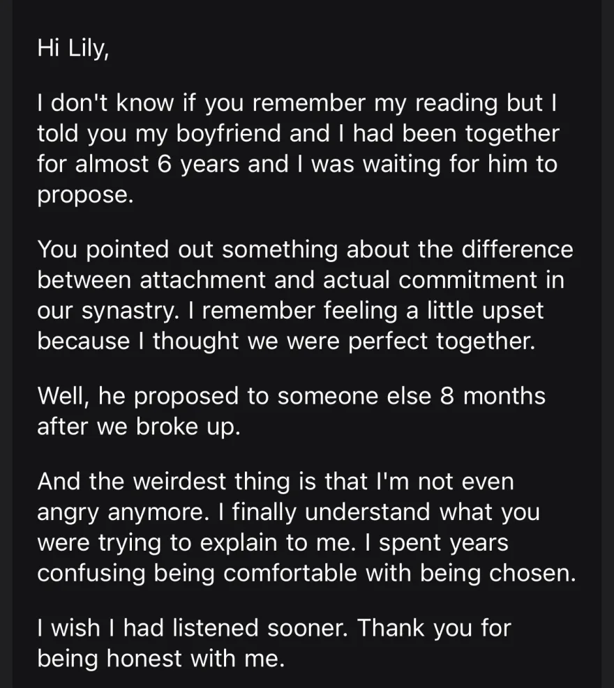 after six years waiting for a proposal, he proposed to someone else, and she now understands the difference between attachment and commitment